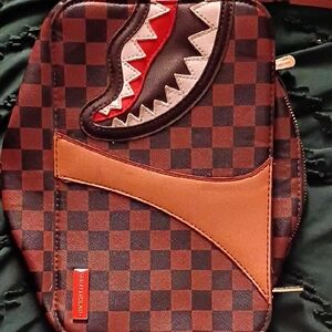 Sprayground Brown Checkered Belt Bag with Red Accent